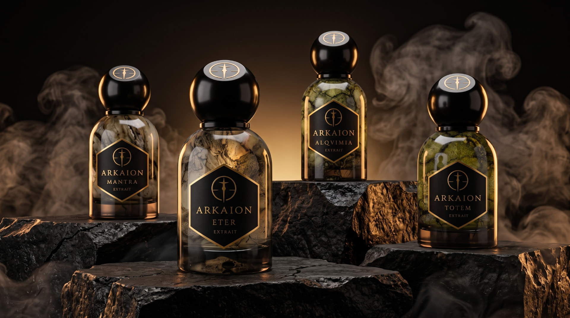 Colección ARKAION de extraits sobre piedra volcánica con humo y luz dorada